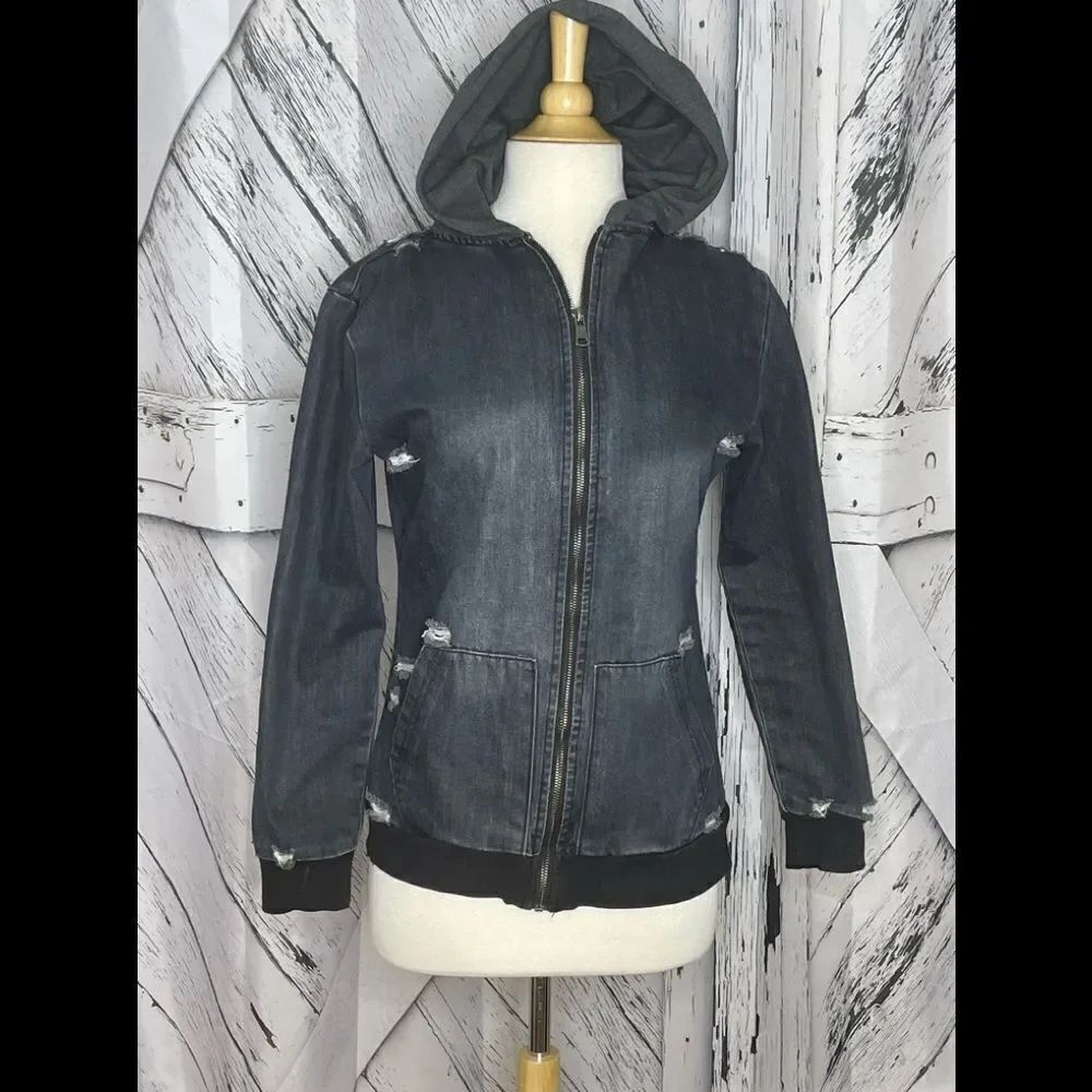 Distressed black denim hooded jacket S